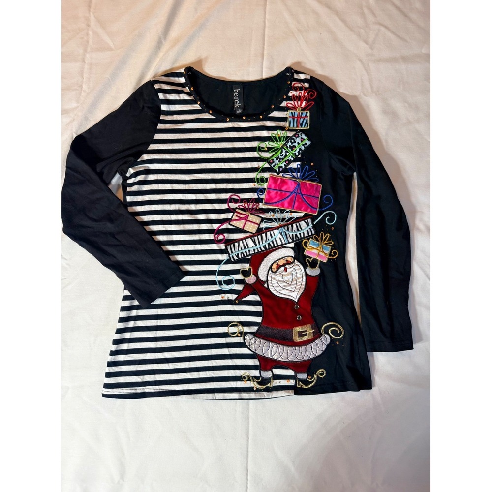 Berek Christmas Santa Gift Box Striped Long Sleeve Embellished Top Black White S
